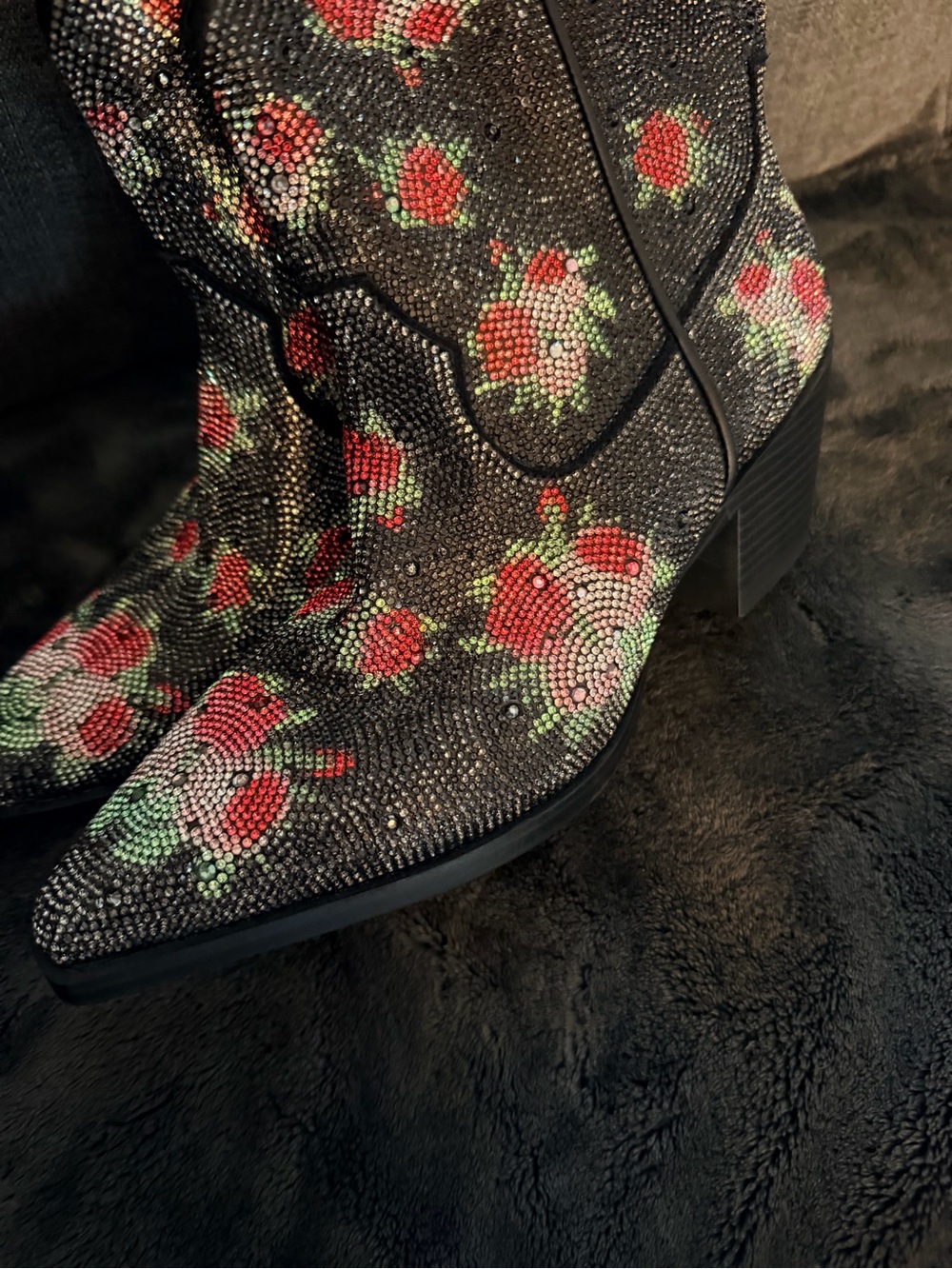 Black Floral Western Ankle Boot with Red Rose Accents - Picture 7 of 7